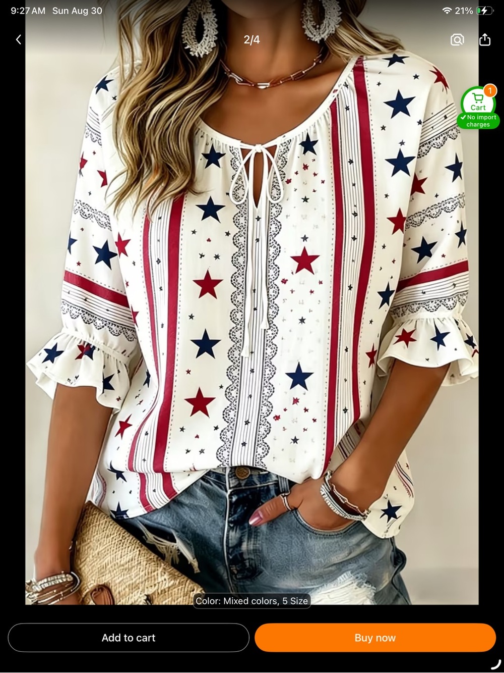 Tie-Neck Star & Stripe Blouse in White, Red & Navy